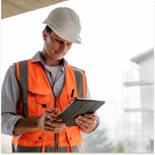 Site worker checking project details on a tablet