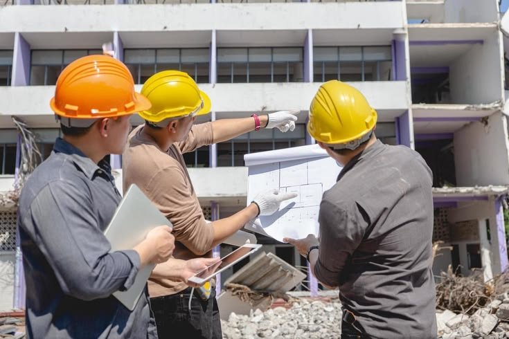 Construction team reviewing project plans