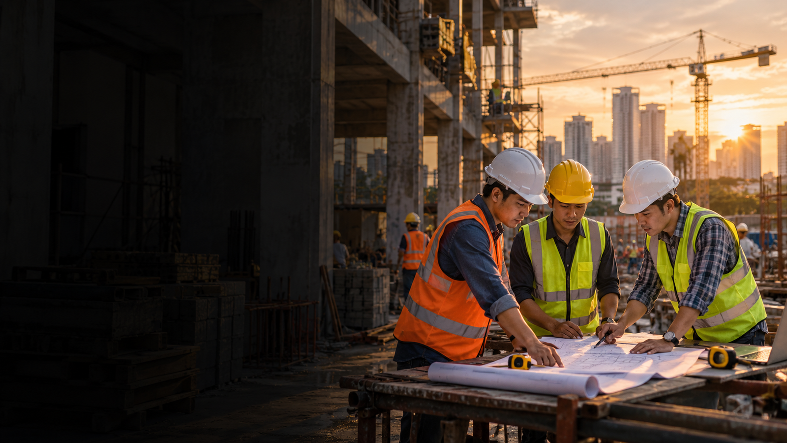 Three site workers reviewing plans